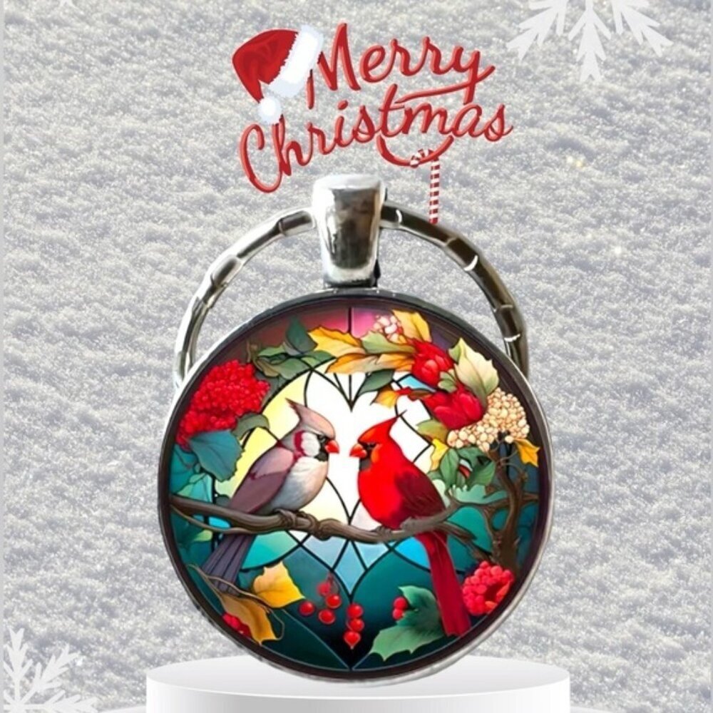 Cardinal Keychain Stained Glass Birds Motif Keyring Pendant Floral Multipurpose - Picture 7 of 15